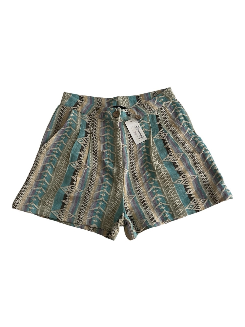fab'rik Teal & Beige Printed High-Waist Shorts